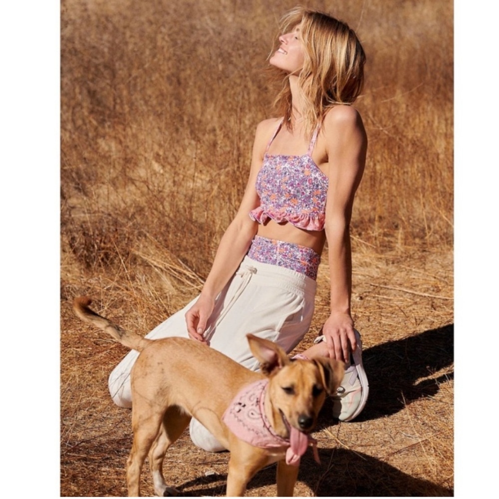 Free People Floral Pink Purple Smocked Crop Top